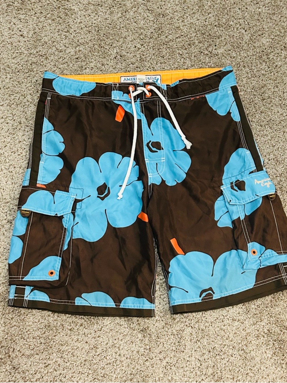 American Eagle Outfitters Brown Swim Shorts with Blue Floral Print